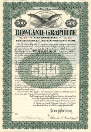 Rowland Graphite Co. - $500 Bond (Uncanceled)